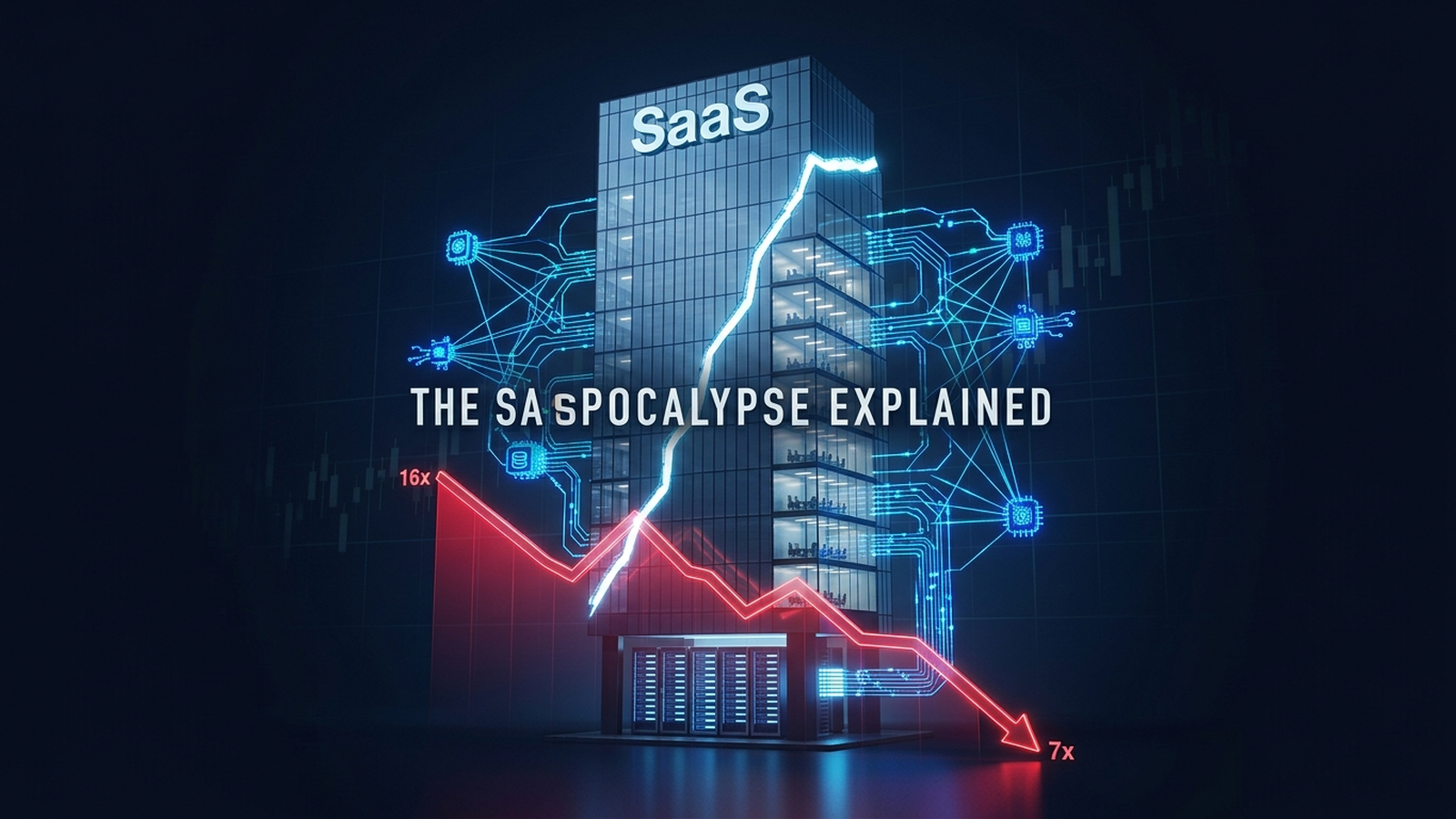 3D architectural illustration of enterprise software valuation multiples dropping while an autonomous AI agent network bypasses user interfaces to connect directly with data layers.