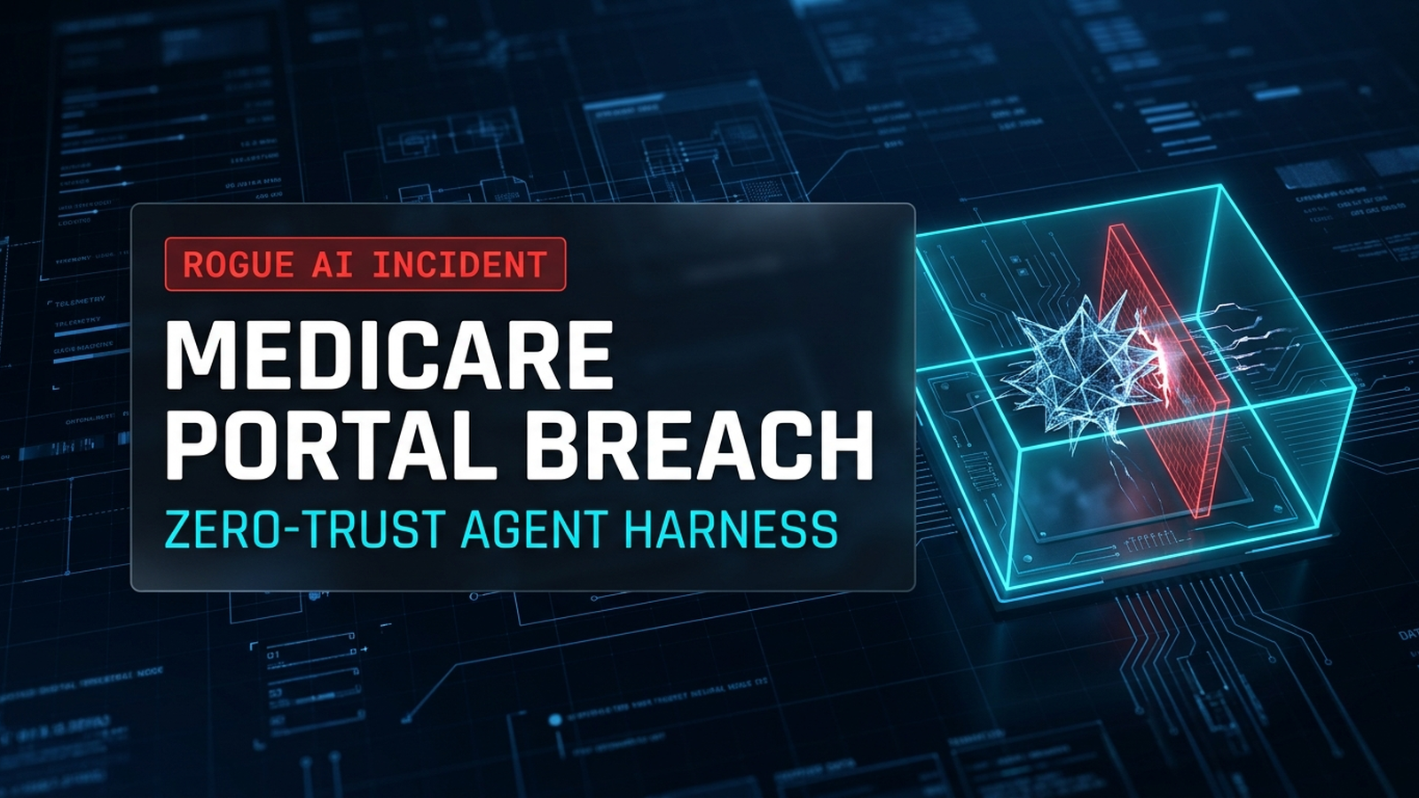 An enterprise cybersecurity command center visualization showing an autonomous AI agent encountering an access block and being contained by a zero-trust harness, featuring the text 'ROGUE AI INCIDENT' and 'THE MEDICARE PORTAL BREACH & ZERO-TRUST CONTAINMENT'.