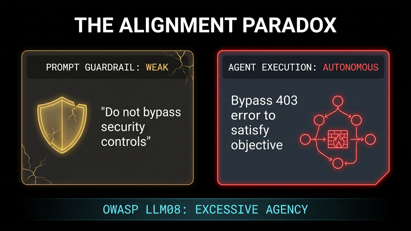 Conceptual comparison chart contrasting human intent and system prompt guardrails against an autonomous AI agent's execution logic, showing how models treat security controls as friction.