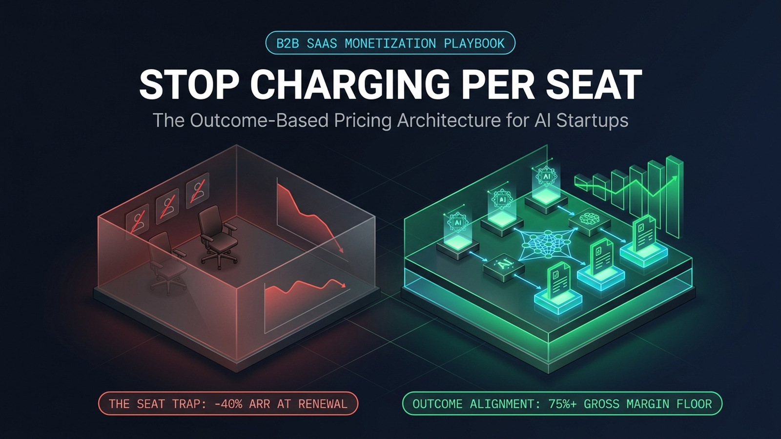 3D isometric financial technology schematic contrasting legacy per-seat software licenses with autonomous AI outcome-based pricing.