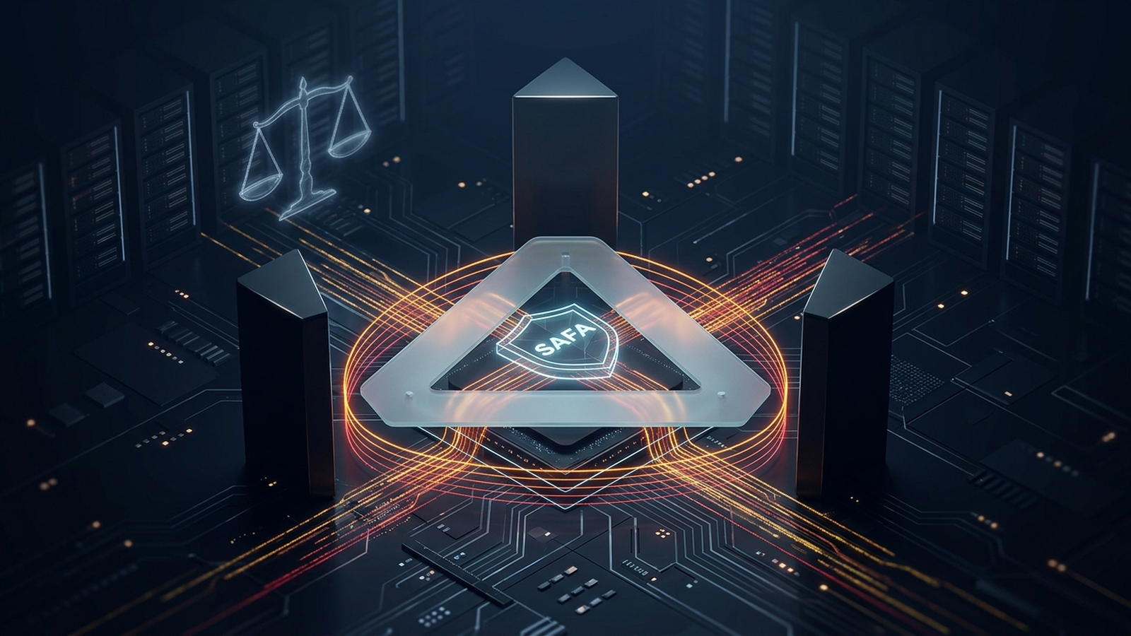 Architectural editorial illustration showing the Big Three tech labs forming the Standards Authority for Frontier AI, with compute gate barriers and antitrust legal scales.