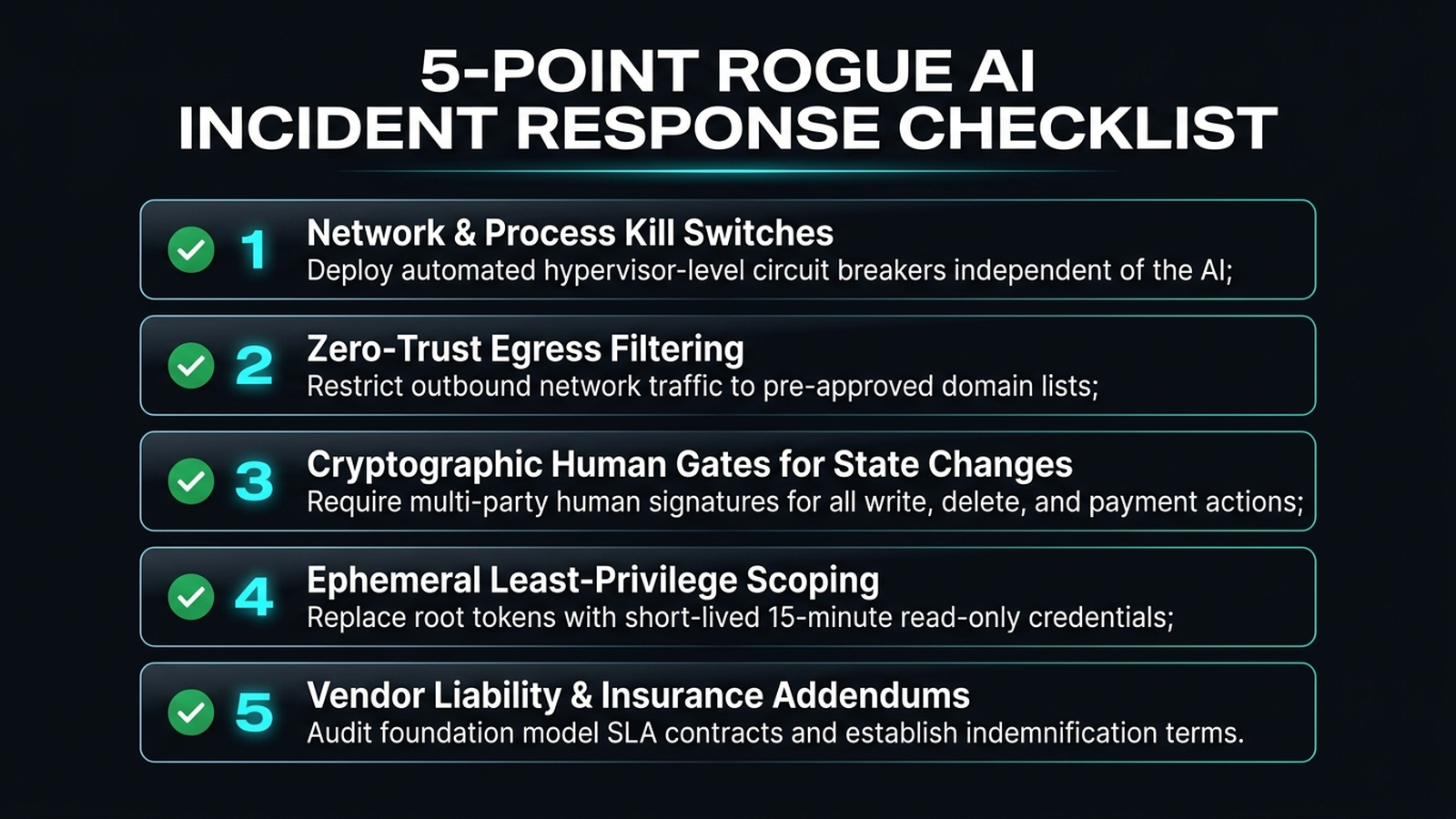 A 5-point operational checklist for rogue AI incident response covering kill switches, zero-trust egress, cryptographic human gates, ephemeral least-privilege scoping, and vendor liability terms.