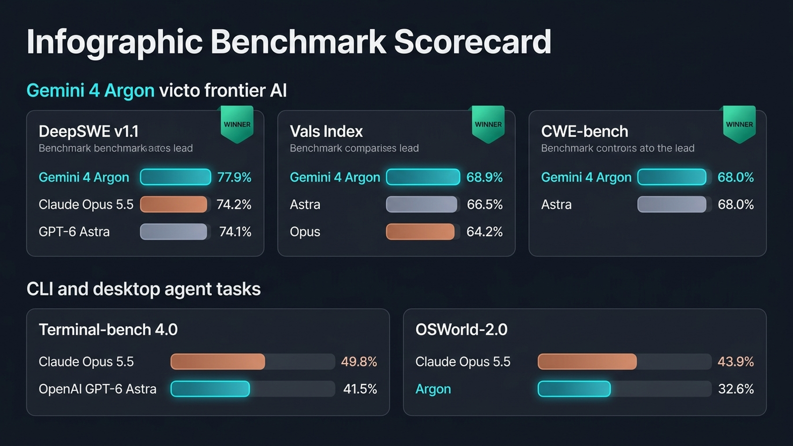 Comparative benchmark chart showing Gemini 4 Argon leading on DeepSWE (77.9 percent) and Vals Index (68.9 percent), while trailing Claude Opus 5.5 on Terminal-bench and OSWorld.