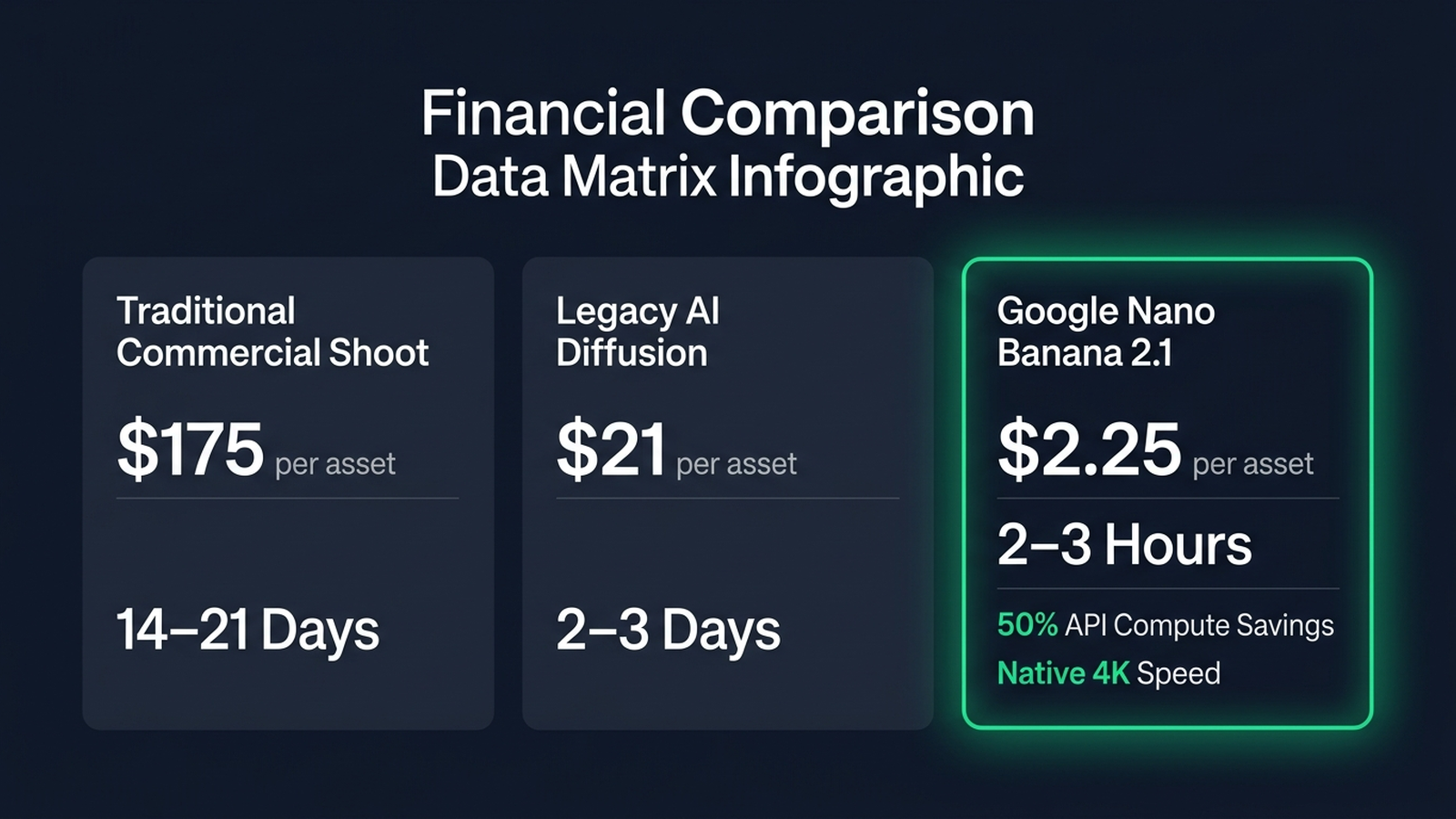 Comparative cost matrix contrasting commercial photo shoots, legacy AI diffusion setups, and the Google Nano Banana 2.1 workflow across cost per asset and turnaround time.