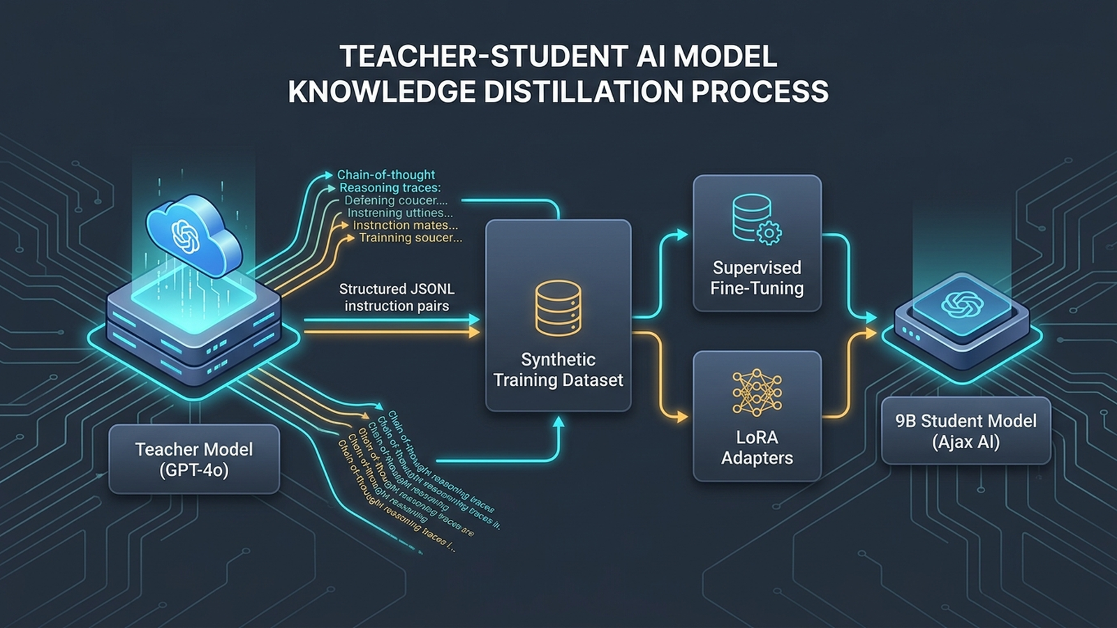 Flowchart diagram illustrating the knowledge distillation pipeline from OpenAI GPT-4o teacher model to synthetic training dataset and local 9B student model.