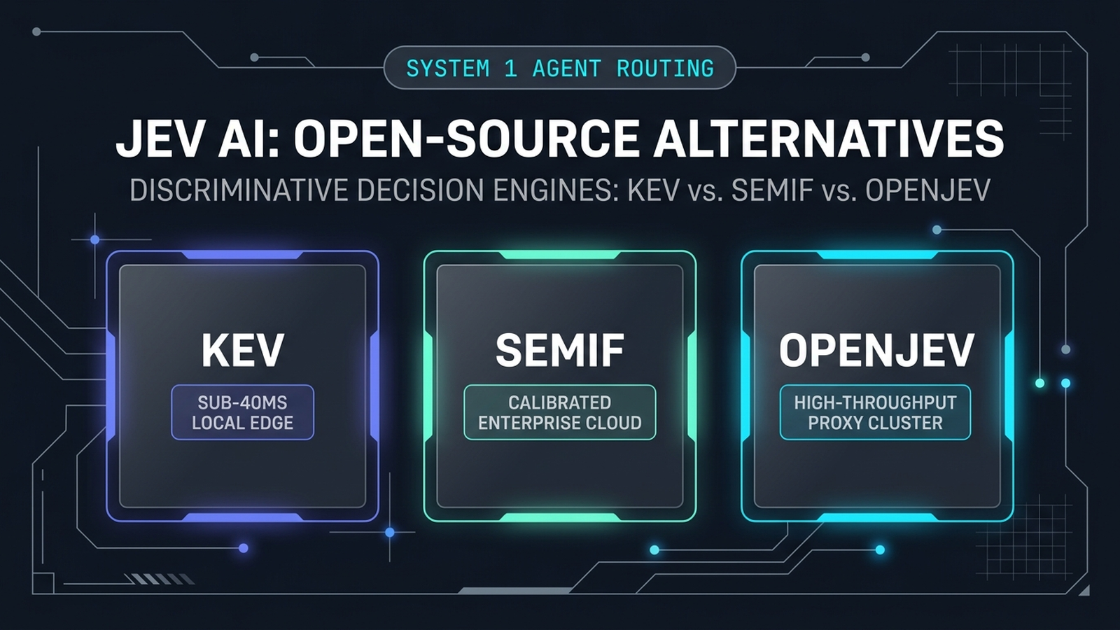 Architectural overview comparing non-generative discriminative System 1 decision routers: TypeSafe Jev versus open-source alternatives Kev, SemIf, and OpenJev.