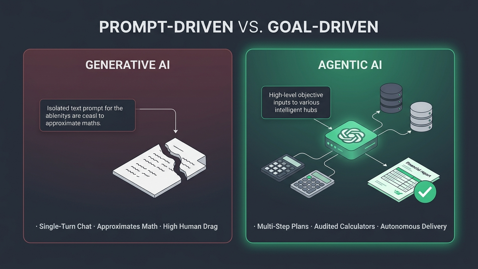 Side-by-side architectural comparison of prompt-driven Generative AI versus goal-driven Agentic AI with verified calculation tools.