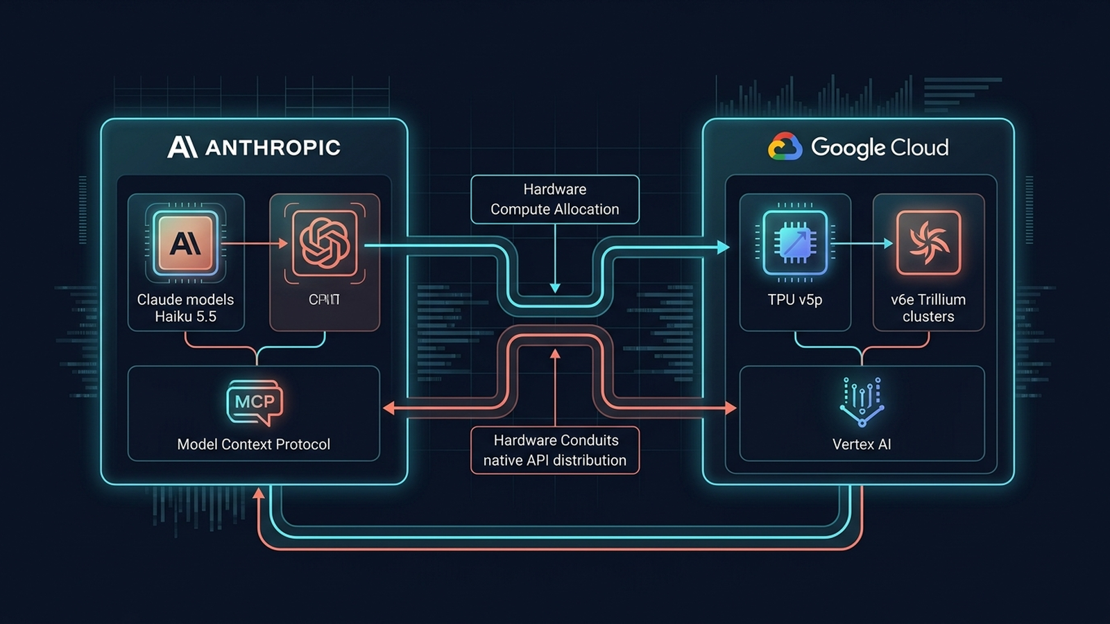 Systems diagram of the Silicon Symbiosis showing Google's 2 billion dollar TPU investment in Anthropic and Vertex AI API revenue sharing.