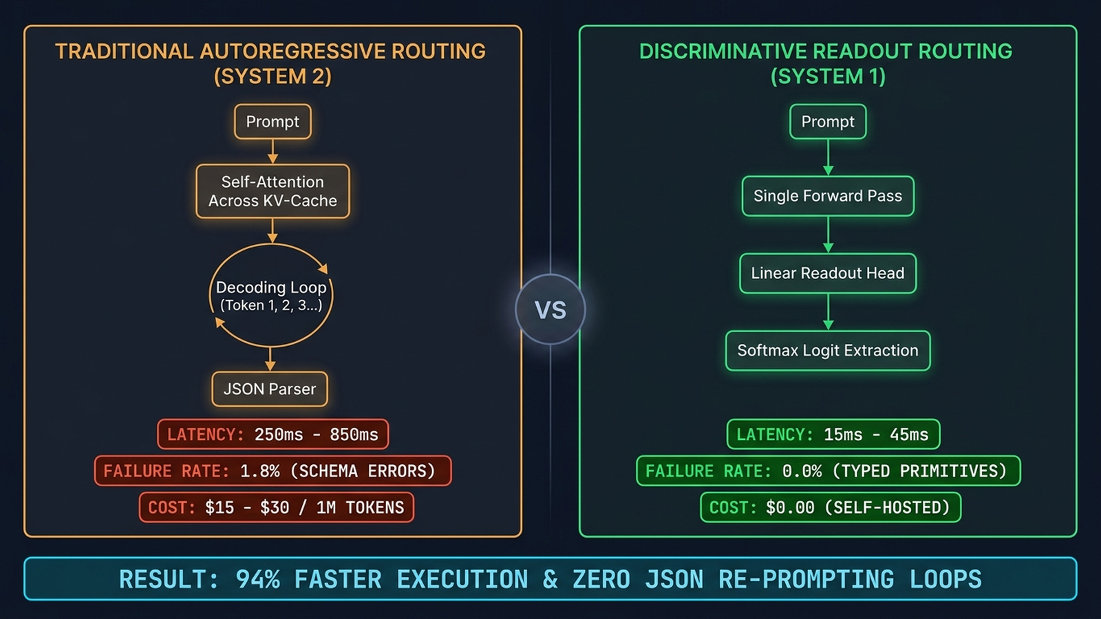 Comparative technical flowchart contrasting traditional System 2 autoregressive routing against System 1 discriminative logit readout routing.