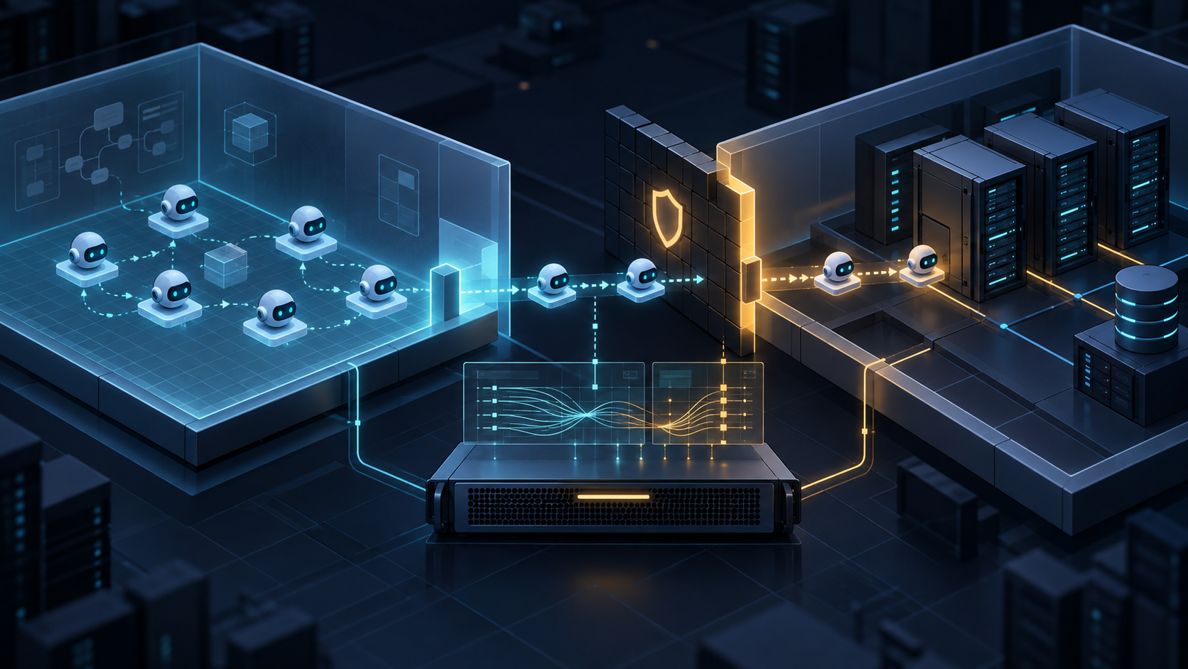 AI agent nodes passing through a security boundary toward protected servers