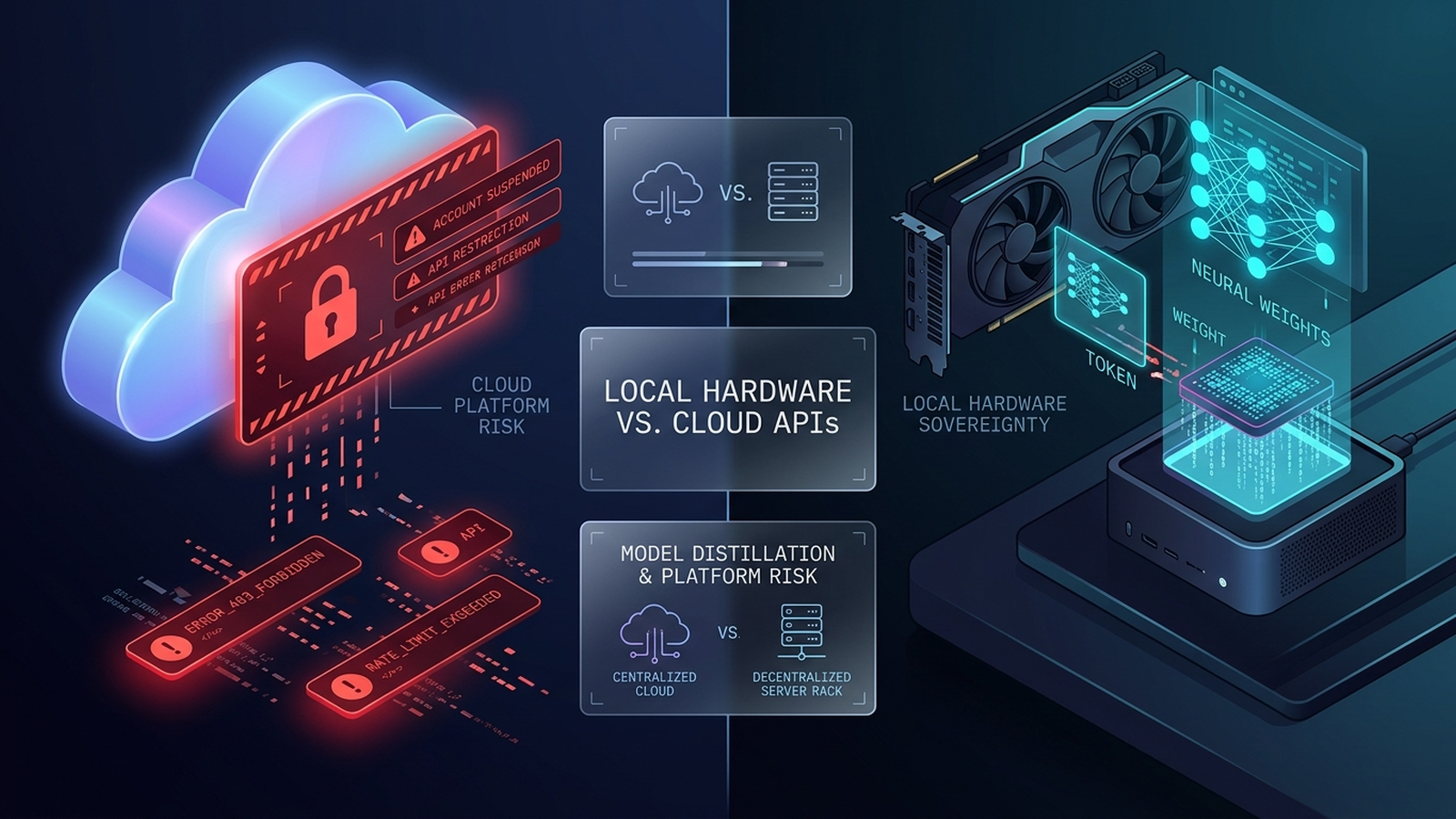 Split-screen technical illustration contrasting an OpenAI cloud API account suspension warning with a local GPU workstation executing the Ajax 9B model.