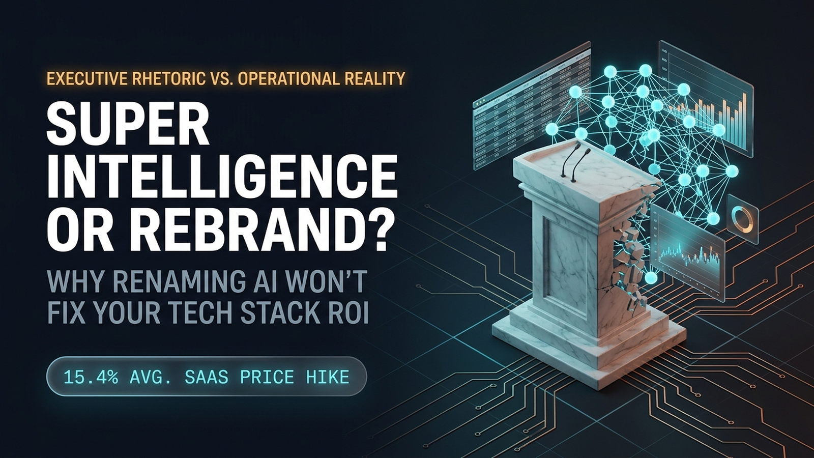 Editorial split-screen graphic contrasting Washington's political push to rebrand artificial intelligence as 'Super Intelligence' against the technical and financial reality of enterprise generative AI.