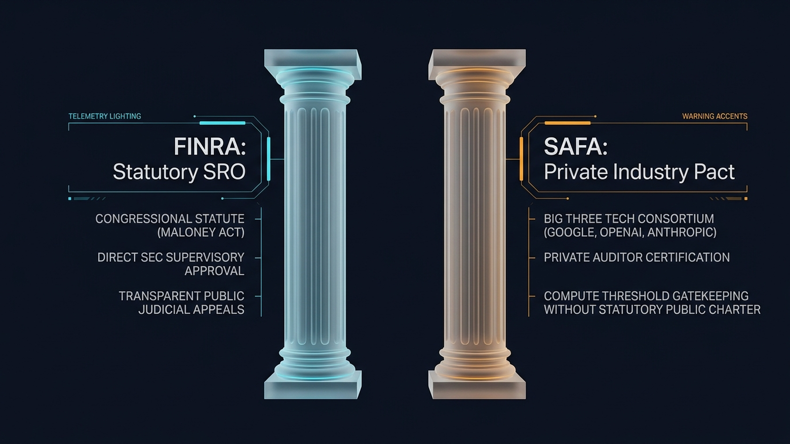Conceptual architectural diagram contrasting statutory FINRA oversight under the SEC against the private, self-policing governance model of SAFA.