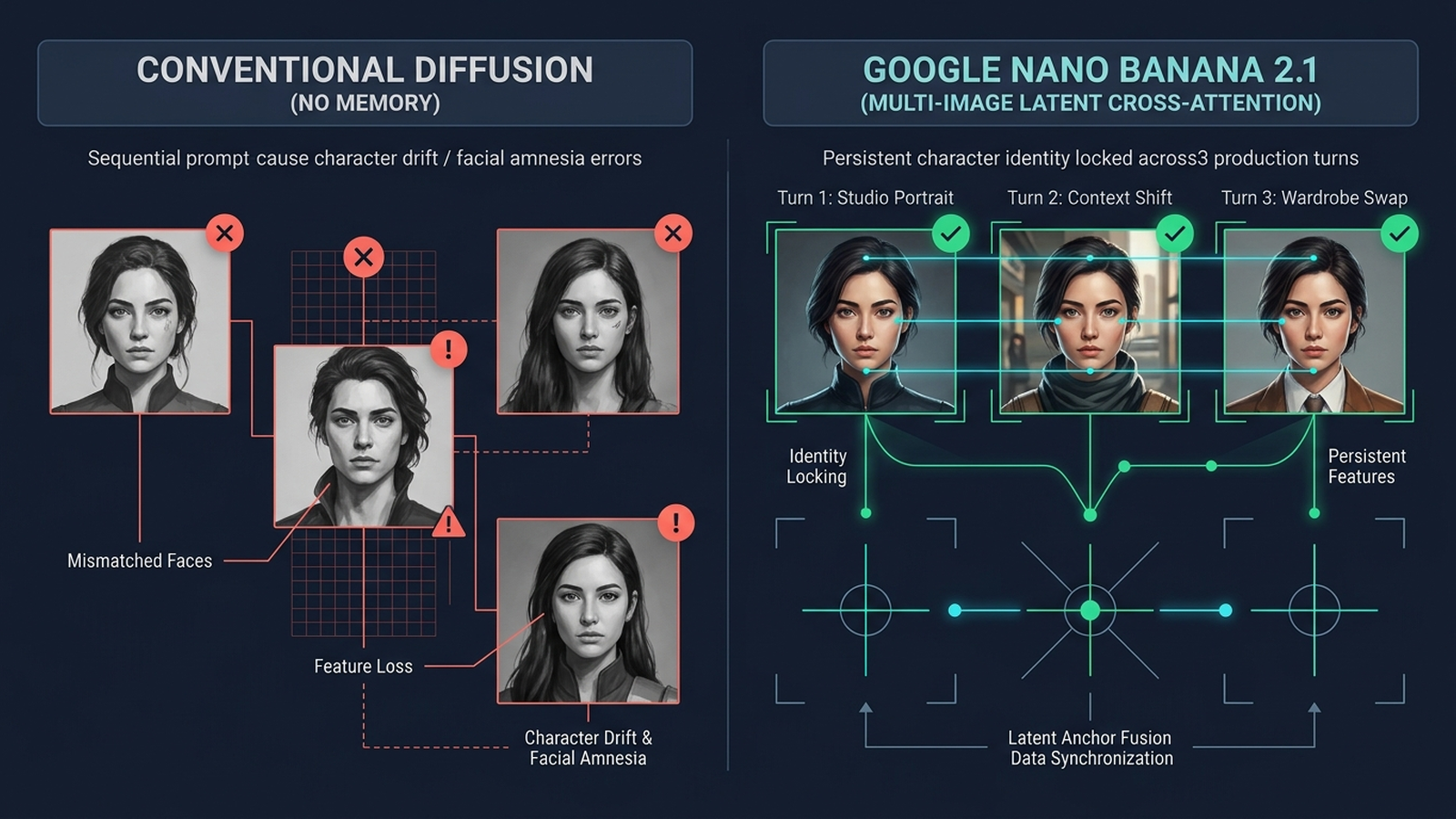 Comparison diagram contrasting legacy diffusion character drift with Google Nano Banana 2.1 multi-image latent cross-attention fusion locking facial geometry across turns.