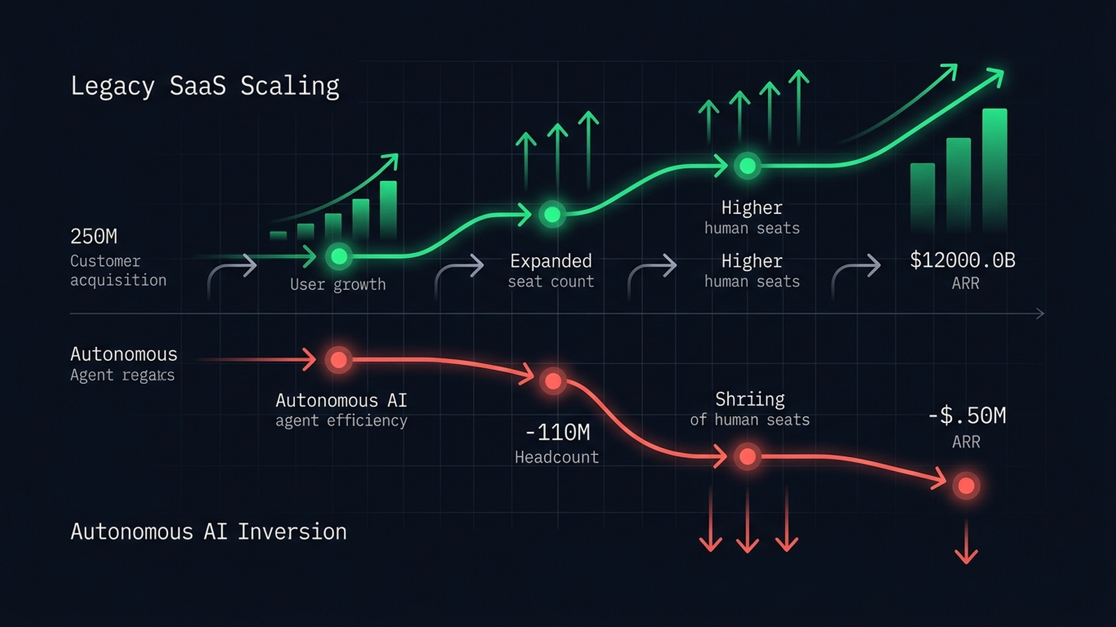 Diagram illustrating the per-seat revenue inversion where AI agent efficiency leads to reduced customer seats and declining software ARR.