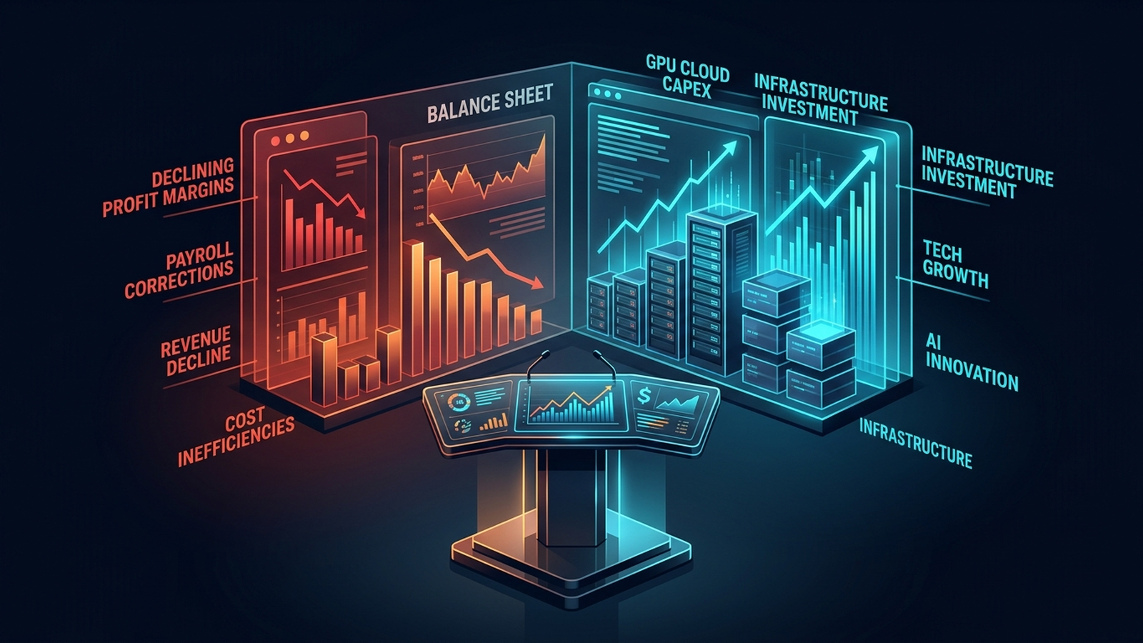 Financial editorial illustration contrasting an executive press briefing on AI productivity with corporate balance sheet data showing overhiring corrections and cloud infrastructure expenses.