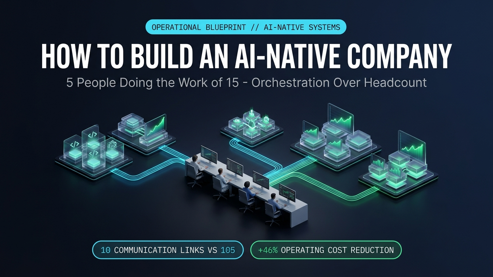 3D isometric technology illustration of an AI-native company command center showing five human orchestrators supervising autonomous agent execution pipelines.
