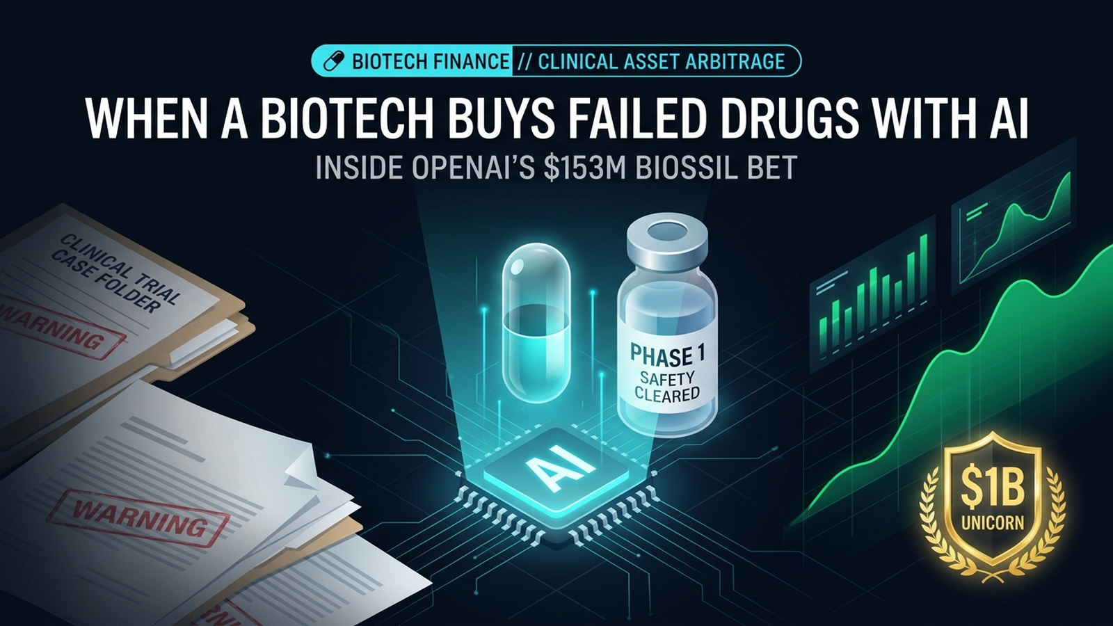 Editorial visualization of clinical asset arbitrage showing an AI scan of a Phase 1 cleared medicine vial transforming into a unicorn valuation asset.