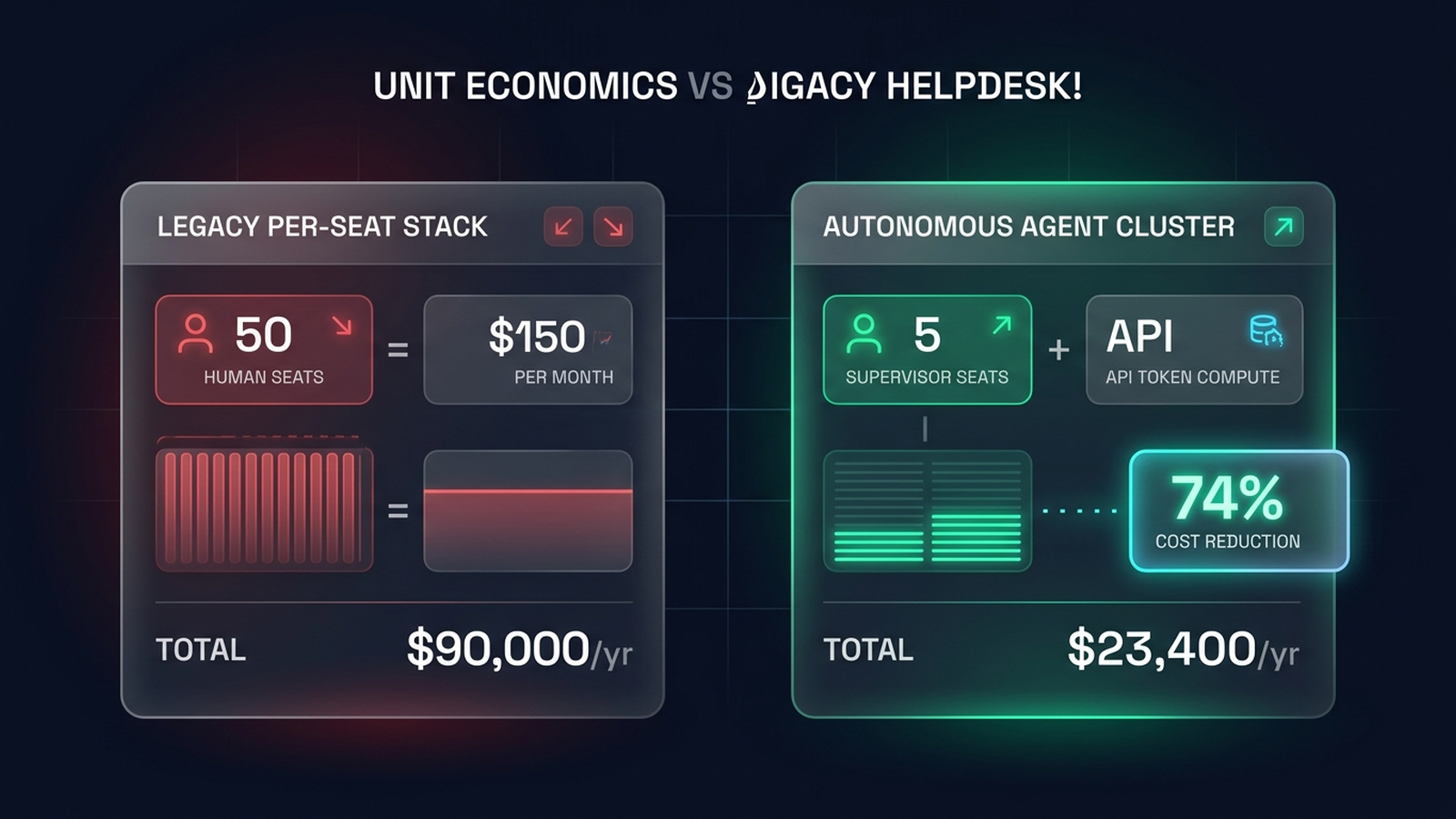 Comparison chart illustrating the unit economics inversion between a 50-seat legacy helpdesk stack and an autonomous AI agent cluster showing a 74 percent cost reduction.