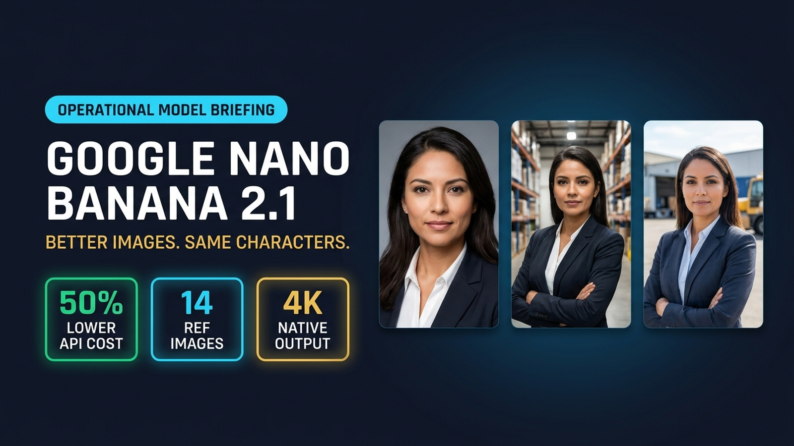 Google Nano Banana 2.1 briefing diagram with Gemini 3.6 Flash engine specs, native 4K output, 14 reference image inputs, and three character portrait frames showing consistent facial geometry.